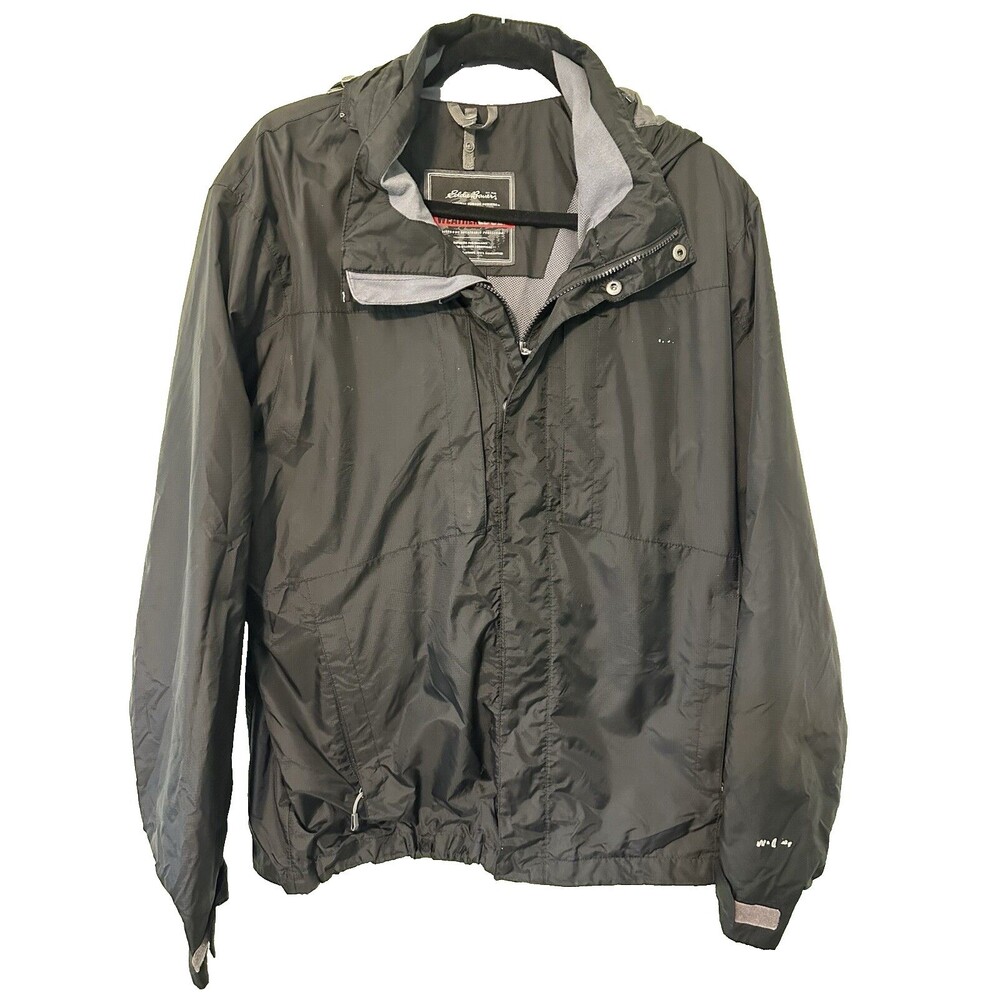 Eddie Bauer‎ Weatheredge Rain Jacket Mens Medium Full Zip Hooded Black Polyester